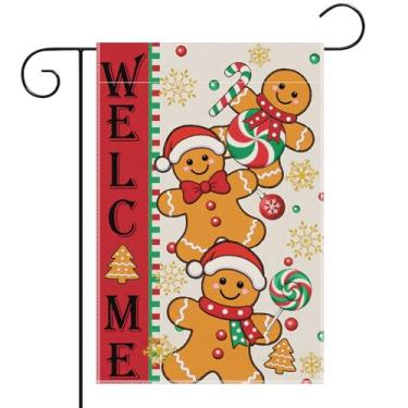 Imagem de Bandeira de jardim de boas-vindas de pão de gengibre de Natal de 30,5 x 45,7 cm, bandeira vertical dupla face para quintal com bengala doce, pirulito e floco de neve, decoração de pátio interno e