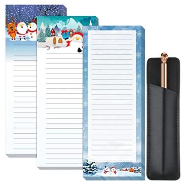 Imagem de 3 peças de blocos magnéticos de notas de Natal para geladeira, lista de compras na geladeira, lista de compras, lista de tarefas, bloco de notas magnético traseiro com suporte de caneta de couro PU, 60 folhas, 20 x 7,6 cm
