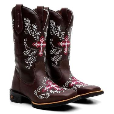 Imagem de Bota Texana Feminina Couro Country Western Cruz Rosa Bordada - Made in