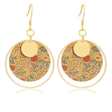 Imagem de Brincos de flor boho, brincos de argola de ouro, brincos de disco redondo pendurados para mulheres, boêmio feito à mão, joia floral, boêmio, presente hipoalergênico, Cobre, Sem pedra preciosa