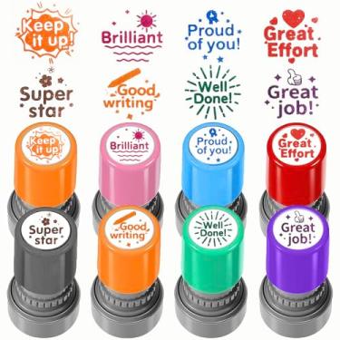 Imagem de 8 carimbos redondos autotintados para professores – selos motivacionais para sala de aula, trabalhos de casa e recompensas de comportamento com frases encorajadoras