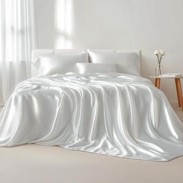 Imagem de Conjunto de roupa de cama Bedsure Satin de 4 peças King White, bolso p