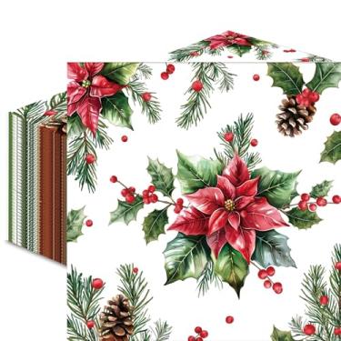 Imagem de 50 guardanapos de papel de poinsétia de Natal, guardanapo descartável de coquetel com flor vermelha, azevinho, pinha e baga para jantar de Natal, aniversários de inverno, casamentos, decorações de