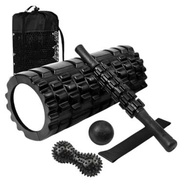 Imagem de Kit Liberação Miofascial 6 em 1 com Rolo Massageador, Bastão, Bola Dupla, Bola Lisa, Faixa Elástica e Bolsa de Transporte – Ideal para Yoga, Pilates, Alongamento e Fisioterapia – Cor Preta
