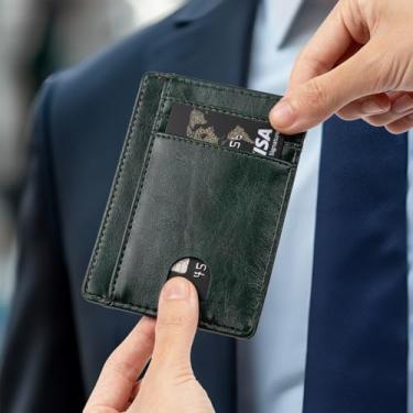 Imagem de Carteira masculina e minimalista de couro PU, bolso frontal, design fino para trabalho e viagens, Verde, Tendência