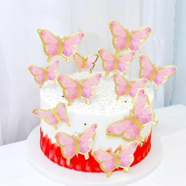 Imagem de 10 PÇS/CONJUNTO Borboleta Sobremesa Decoração Topo de Bolo Colorido Borboleta Assar Sobremesa Decoração de Aniversário, 5-8,7 cm (Rosa)