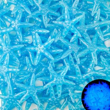 Imagem de Oun Nana Pedras de estrela do mar que brilham no escuro, 200 peças de pedras luminosas em forma de estrela do mar para aquário, aquário, aquário, jardim, artesanato DIY, decoração de festa (azul)