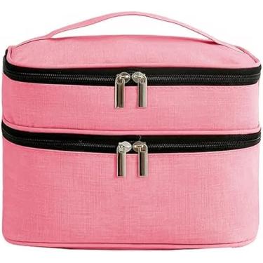 Imagem de Necessaire de Maquiagem Dois Andares Feminina – Bolsa Organizadora Viagem com Zíper Reforçado, Alça de Mão, Design Moderno e Espaço Duplo – Ideal para Cosméticos e Acessórios (Rosa)