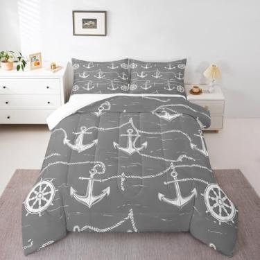 Imagem de Homewish Conjunto de edredom queen com âncora para adolescentes, cinza e branco, para decoração de quarto de crianças, meninos e meninas, âncora náutica, edredom com tema de navegação com 2 fronhas