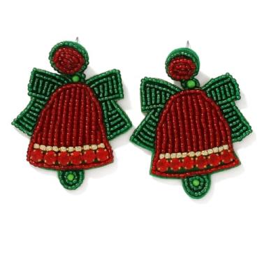 Imagem de EQUBIO Brincos femininos com contas de sino de Natal, brincos pendentes feitos à mão com contas vermelhas e verdes, joias festivas para festas de inverno e celebrações