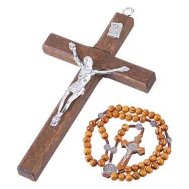 Imagem de DICOSMETIC Cruz católica com rosário de madeira, incluindo 1 cruz de parede de madeira pequena de 12,6 x 6,9 cm com liga de Jesus Cristo e 1 colar de rosário de contas de madeira de 56 cm, presentes