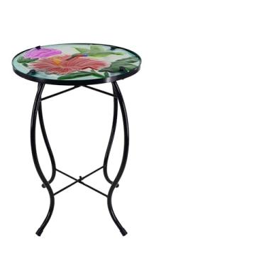 Imagem de YNGFIL Mesa lateral redonda de vidro beija-flor de 30,5 cm, mesa pequena para pátio, mesa lateral externa, mesa de bar ao ar livre, mesa de canto de vidro de metal para varanda, jardim, pátio, piscina