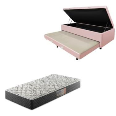 Imagem de Cama Box Baú Solteiro com Auxiliar (Bicama) + Colchão de Espuma D33 20cm | Kit Completo com Cabeceira Botonê Opcional | Diversas Cores (2, CORINO ROSA, SEM CABECEIRA)