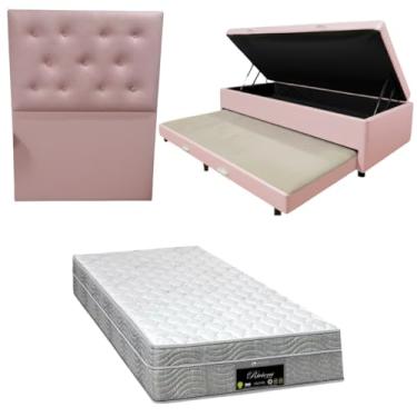 Imagem de Cama Box Baú Solteiro com Auxiliar (Bicama) + Colchão RivIera Molas Ensacadas 25cm | Kit Completo com Cabeceira Botonê Opcional | Diversas Cores (3, CORINO ROSA, COM CABECEIRA)
