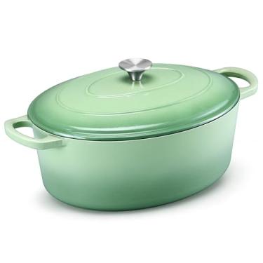 Imagem de E-far Panela de forno holandês oval de ferro fundido esmaltado de 7 litros com tampa, forno holandês antiaderente com alças duplas, panelas resistentes para assar pão de fermento, refogar, ensopados