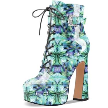 Imagem de Perisis Bota feminina preta de cano curto plataforma com cadarço salto alto grosso fechado bico redondo com zíper lateral e fivela de alça para mulheres sexy e fofas, Patente de flor verde, 35