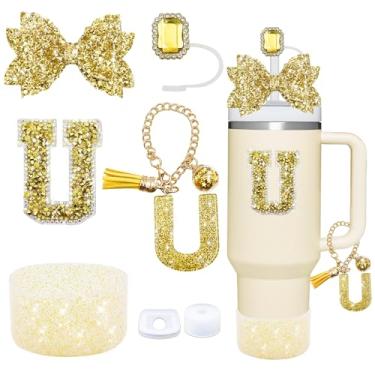 Imagem de Conjunto de acessórios de copo dourado de 7 peças para Stanley Cup 850 g/1,134 g, inclui tampa de canudo de joias, tampa à prova de derramamento, decorações de iniciais, pingente de alça, bota de