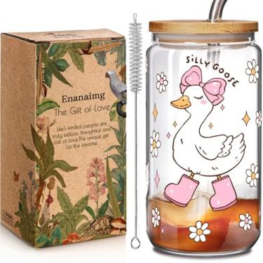 Imagem de Enanaimg Copo de vidro de ganso branco engraçado fofo e bobo presente para mulheres amantes de ganso com tampas de bambu canudo 473 ml, copo de vidro de café com gelo inspirador para refrigerante boba