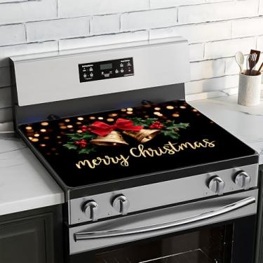Imagem de BVBOX Capa superior de fogão de Natal para fogão elétrico 71 cm x 50 cm, capas superiores de fogão de vidro lavável decorativo protetor de fogão para cozinha doméstica (Sino dourado)