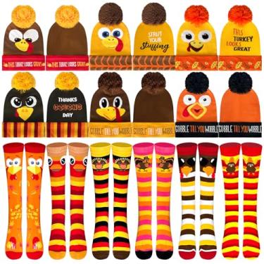 Imagem de Yuminefeety Conjunto de 12 peças de fantasia de trote de peru de ação de graças, inclui 6 gorros de peru, 6 meias para adultos, equipamento de trote, presente de cosplay, Laranja, Medium
