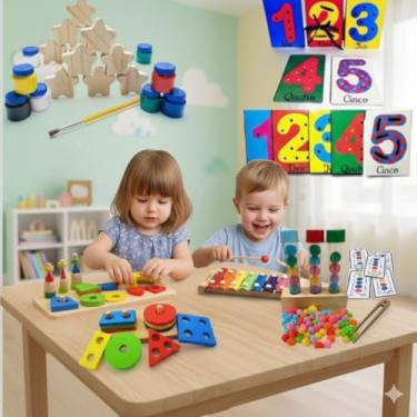 Imagem de Kit Atividades Educativo Montessori 5, Brinquedos de Desenvolvimento com Xilofone Musical, Blocos Numéricos, Formas Geométricas e Pompons Coloridos, Material Pedagógico para Crianças de 3-6 Anos