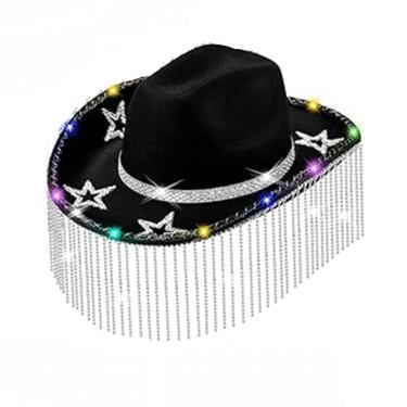 Imagem de Chapéu de cowboy preto com luzes LED, estrelas de strass e borlas