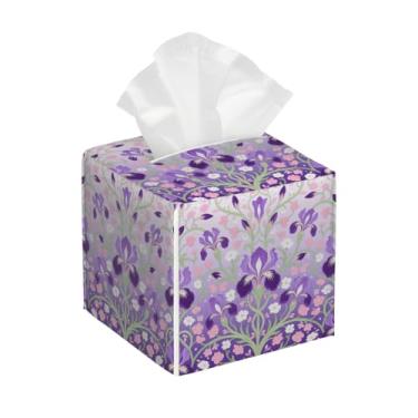 Imagem de Capa de caixa de lenços - Porta-guardanapos quadrados decorativos - Flores de íris roxas fofas de couro PU organizador de cubo facial para banheiro, quarto, mesas de cabeceira, bancada, sala de estar