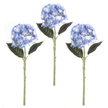 Imagem de EQUSPUR Pacote com 3 - Flores de hortênsia artificial, hortênsia falsa com caules e folhas, flores de seda sintética para decoração de escritório em casa, festa de casamento, arranjos florais de