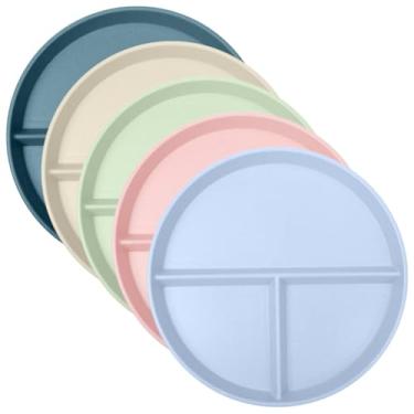 Imagem de Conjunto de 5 pratos divididos coloridos, plástico de palha de trigo, seguro para micro-ondas e lava-louças, sem BPA, 3 compartimentos