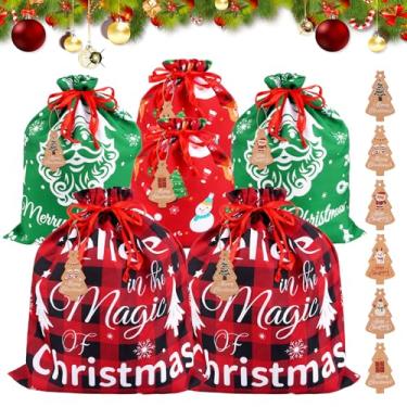 Imagem de ZeffuLyne 6 unidades de sacos de cordão de Natal – Sacos reutilizáveis para presente de Natal, verde, preto e vermelho, sacos de presente com etiquetas Kraft para lembrancinhas de festa de Natal e