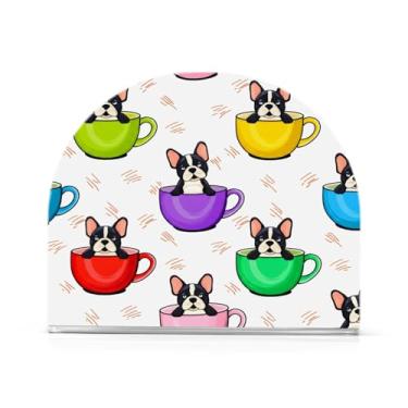 Imagem de Qilmy Cachorros franceses bonitos sentados em copos coloridos suporte de guardanapo de acrílico, porta-guardanapos para mesas cozinha restaurante decoração de casa, suporte decorativo moderno para