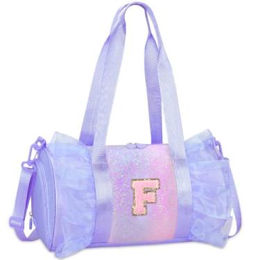 Imagem de RHCPFOVR Bolsa de dança com monograma personalizada para meninas – Mochila Oxford leve resistente à água para crianças de 3 a 8 anos para balé líder de torcida festa do pijama ginástica roxa F