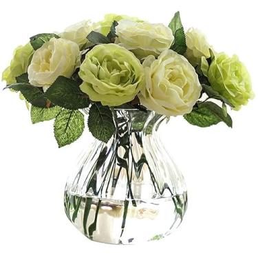 Imagem de YYBOES Vaso de vidro para decoração de vaso de flores, simulação de rosa, flor artificial, decoração de flores de seda, conjunto de vasos para sala de estar, quarto, mesa de café, ornamentos de flores