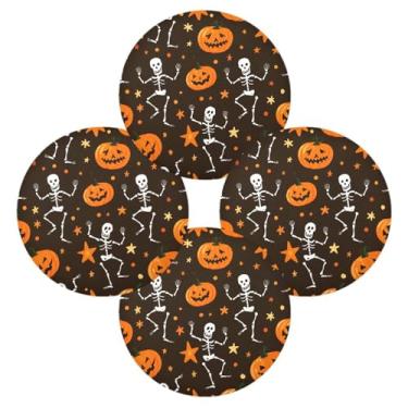Imagem de Wassud Jogo americano conjunto de 4 abóboras com esqueletos tapetes de mesa redondos para cozinha e jantar tapetes laváveis resistentes ao calor decoração de mesa 39 cm
