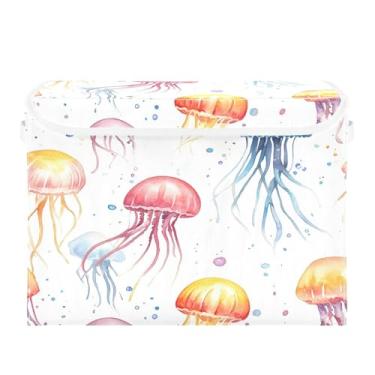 Imagem de Wassud Cestos de armazenamento dobráveis com tampas, medusas coloridas, cestos organizadores de tecido dobrável para armário, casa e decoração sazonal 41,5 x 32,5 x 39 cm