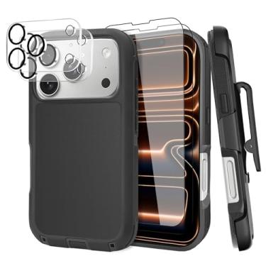 Imagem de Capa para iPhone 17 Pro (6,3 polegadas), com clipe de cinto e 2 protetores de tela + 2 lentes de câmera, resistente e durável, proteção contra quedas à prova de choque de grau militar, com suporte