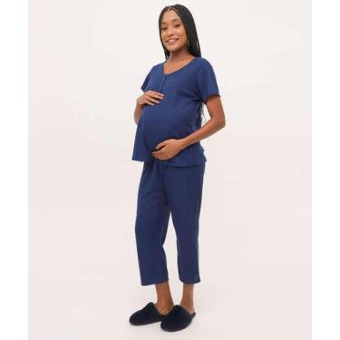 Imagem de Pijama Feminino Gestante Canelado Alças Finas Marisa-96018, Azul, M