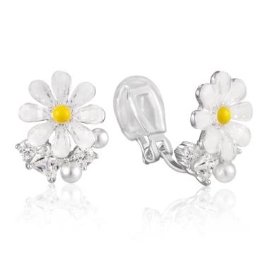 Imagem de HAISWET Brincos de clipe de margarida, zircônia cúbica, brincos de clipe não perfurados para mulheres tom prateado