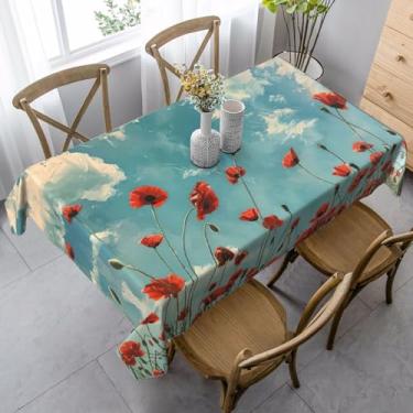 Imagem de ZTPOWQA Toalha de mesa de jantar com estampa de papoulas no céu azul, 89 x 139 cm, retangular, impermeável, reutilizável, festa de jantar