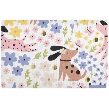 Imagem de Capacho personalizado de desenho animado de cães, flores, tapete engraçado de outono, tapete absorvente de lama, tapetes grandes laváveis para entrada interna 81 x 50 cm