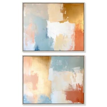 Imagem de Conjunto de 2 decoração de parede Boho com impressão em tela de luxo urbano dourado da Art Remedy, moldura prateada, 61 x 50 cm