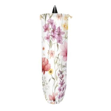 Imagem de Porta-sacos plásticos aquarela de flores silvestres, bolsa organizadora de parede, dispensador de sacola de supermercado para sacolas plásticas