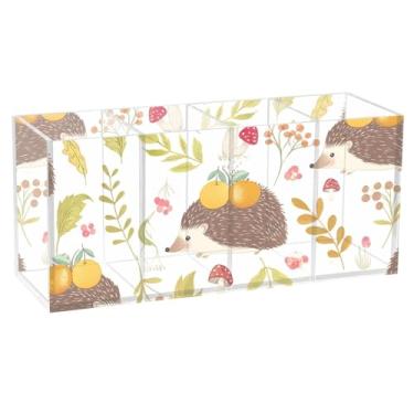 Imagem de TSENQUE Porta-lápis de mesa fofo personalizado com estampa de animais, ouriços, laranjas, porta-pincéis de acrílico para maquiagem, copo de caneta