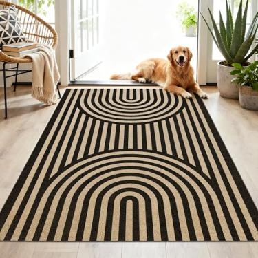 Imagem de JROSING Tapete de juta fácil arco-íris lavável 7,5 x 12,5 cm, preto, externo, pátio, moderno, geométrico, neutro, tapete fino, antiderrapante para sala de estar, quarto, entrada, porta da frente, casa