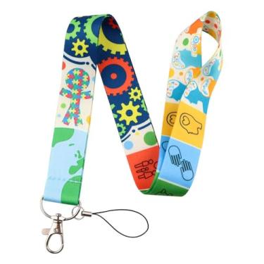 Imagem de Cordão de identificação de conscientização do autismo, cordão transversal de pescoço moderno com cordão ajustável para pescoço, suporte de identificação vibrante