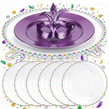 Imagem de CHENGU 6 peças de carregador de placa de carnaval, placas redondas de acrílico transparente com borda decorativa de contas de ouro verde roxo para mesa de jantar de carnaval, festa de carnaval