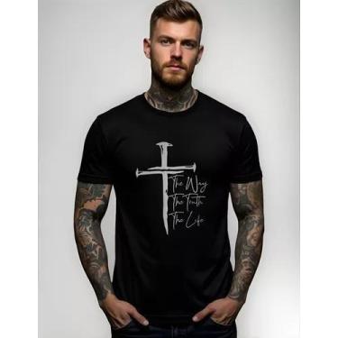 Imagem de Camiseta Masculina Preta Algodão Premium Cruz Jesus - Dinka, G, Preto