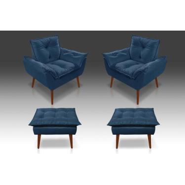 Imagem de Kit 02 Poltrona Opala + 02 Puf Opala Suede Azul Marinho- CASA DA POLTR