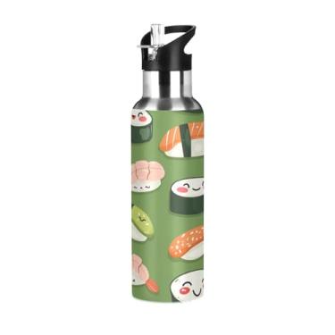 Imagem de Wassud Garrafa de água Kawaii padrão de sushi garrafa de água esportiva de aço inoxidável com canudo garrafas de água isoladas copo portátil de viagem 946 ml