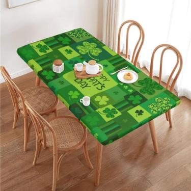 Imagem de Fiokroo Toalha de mesa de dia de São Patrício com trevo com borda elástica para mesa retangular de 1,2 m, toalha de mesa lavável para cozinha, jantar, festa, decoração de piquenique ao ar livre, 122